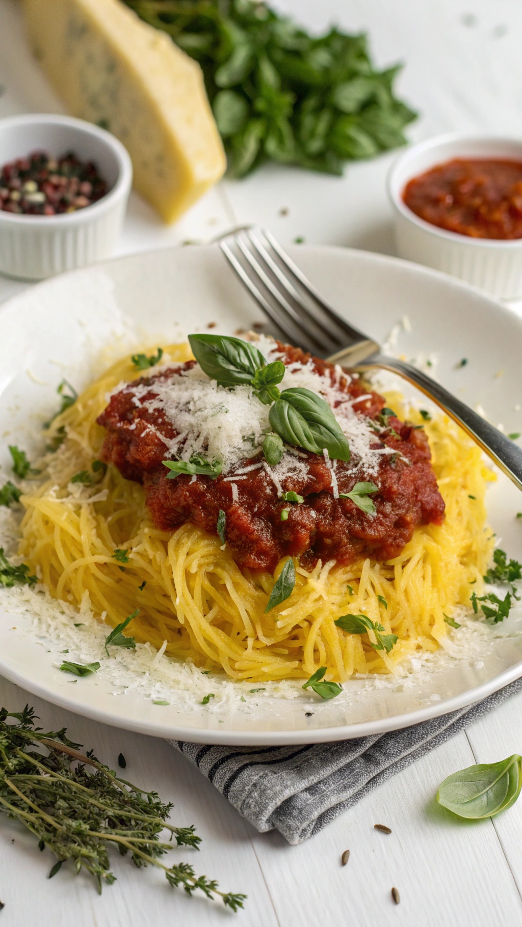A plate of spaghetti squash topped with marinara sauce, fresh basil, and grated cheese.