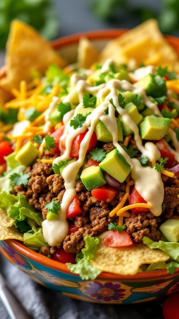 A colorful taco salad with ground beef, lettuce, tomatoes, avocado, cheese, and tortilla chips in a vibrant bowl.