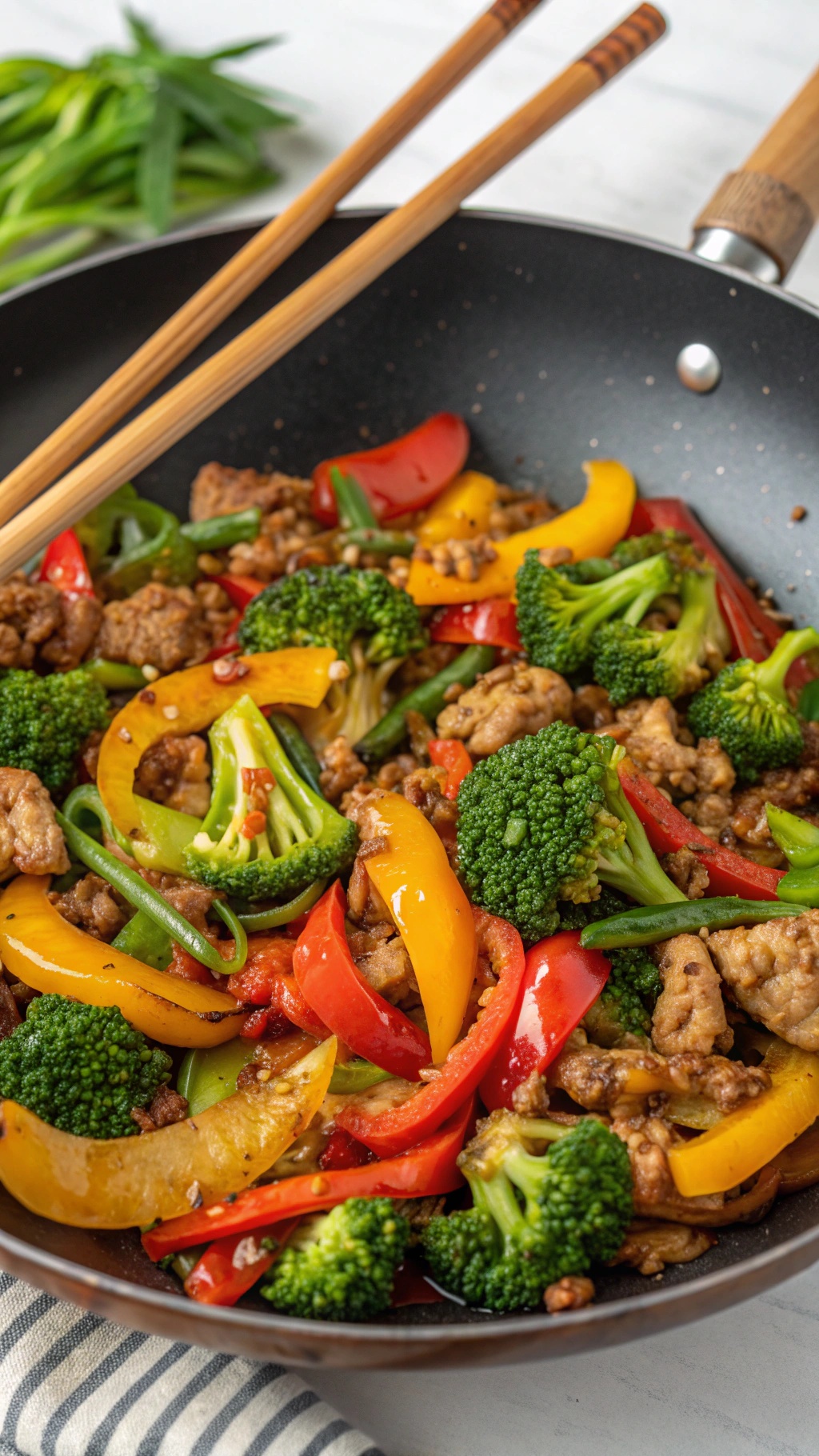 A colorful turkey stir-fry with bell peppers and broccoli in a skillet