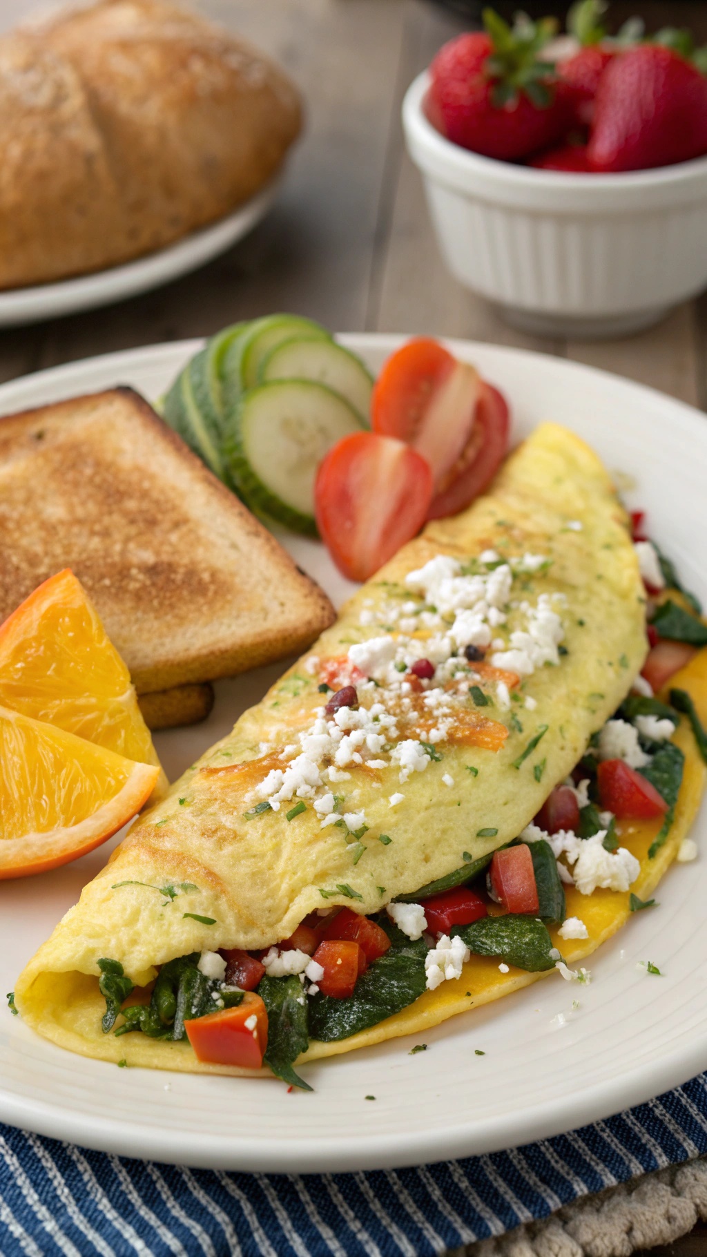 A delicious veggie omelette served with toast and fresh fruit.
