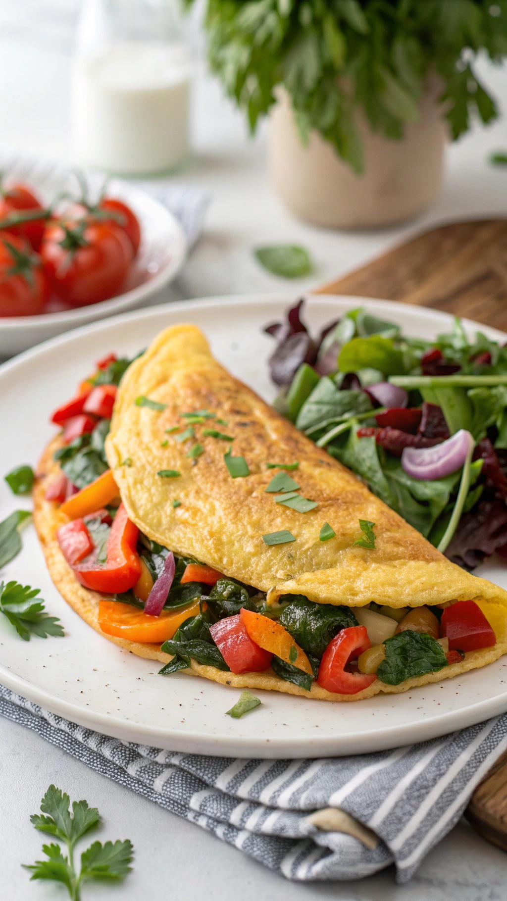 A delicious veggie omelette served with a side salad and fresh ingredients.
