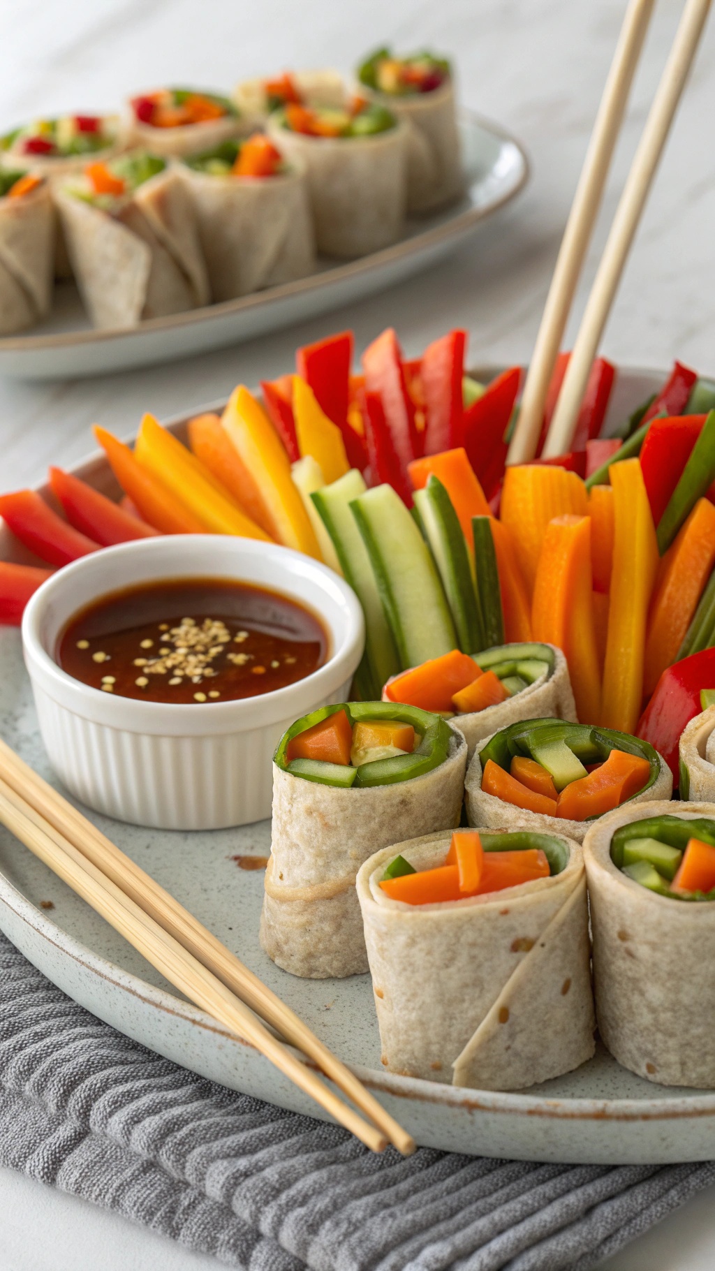 A platter of colorful veggie roll-ups with fresh vegetables and a dipping sauce.