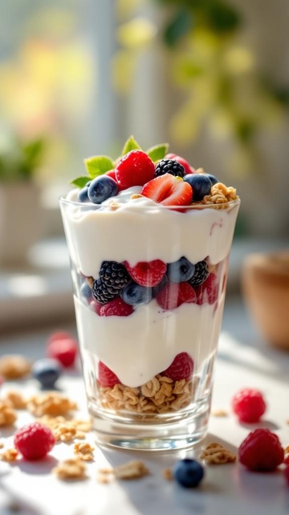 A delicious yogurt parfait with layers of yogurt, berries, and granola in a glass.