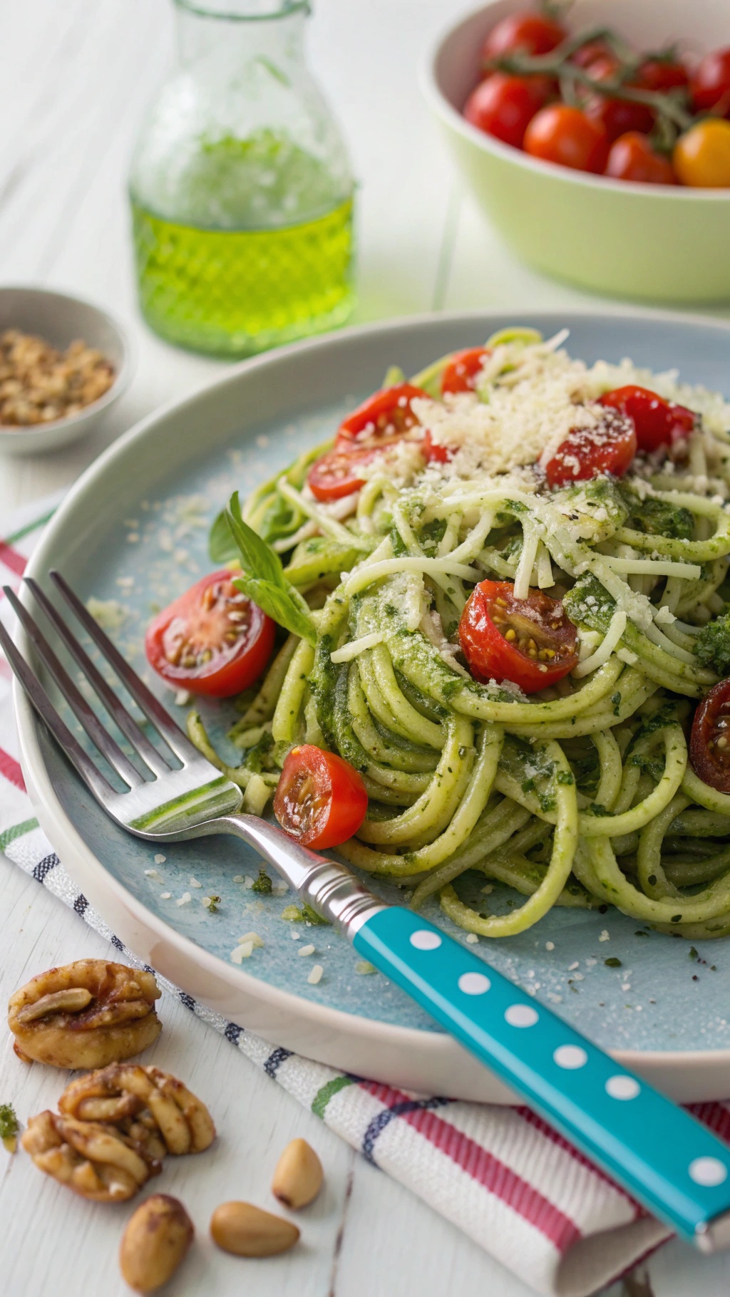 A plate of zucchini noodles with pesto and cherry tomatoes, garnished with parmesan cheese.