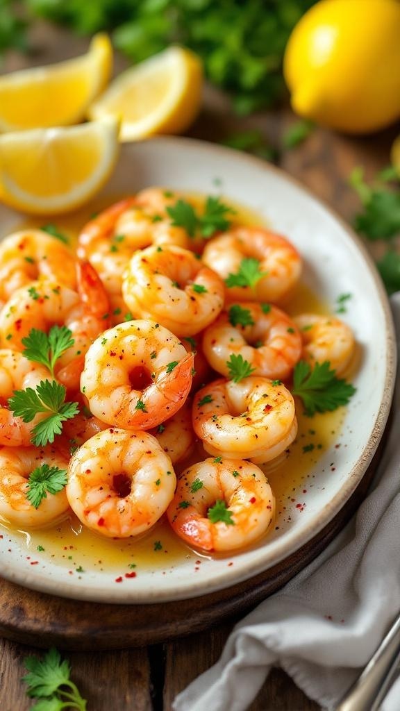A plate of garlic butter shrimp garnished with parsley and lemon wedges.