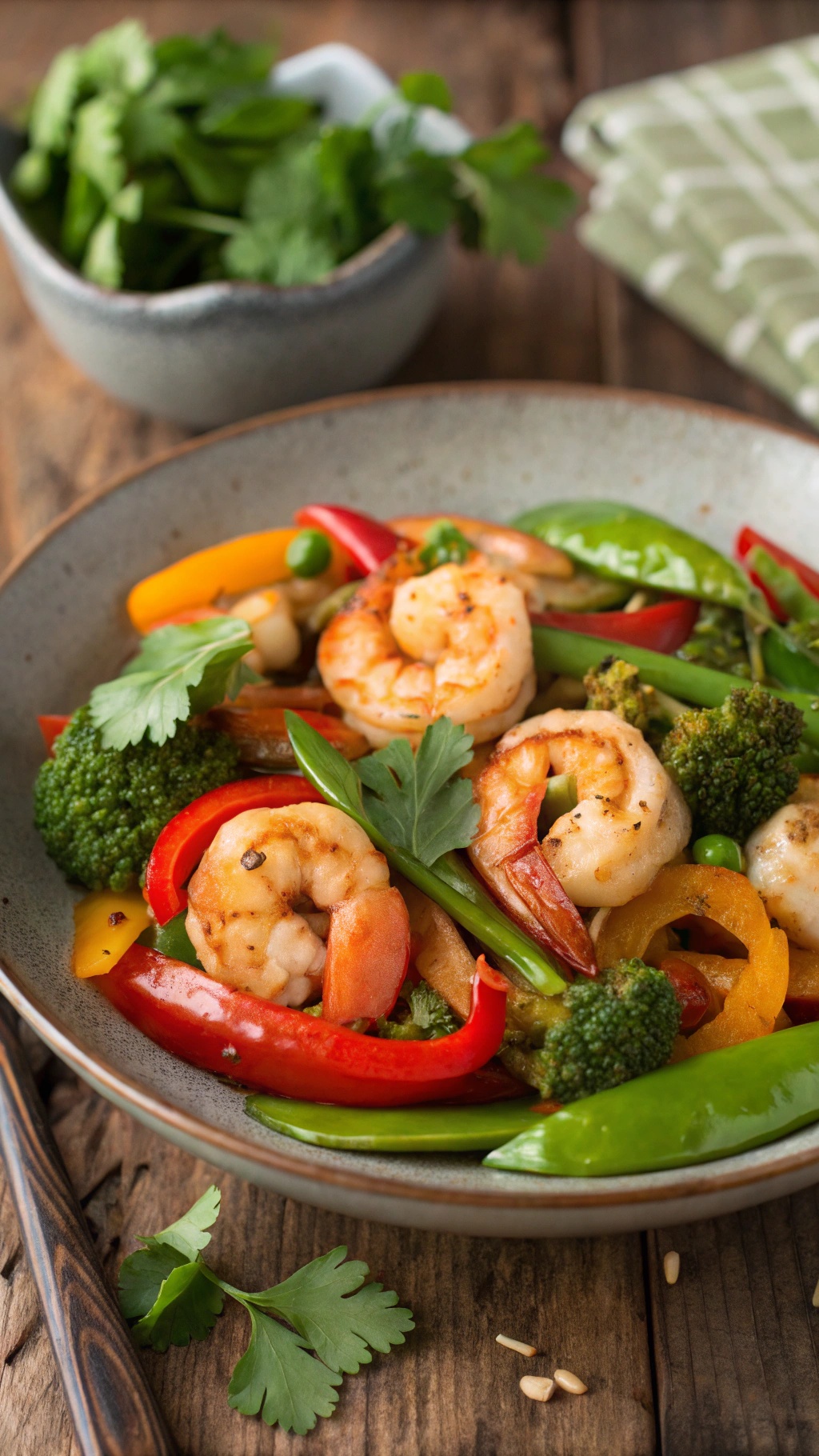 A colorful garlic shrimp stir-fry with vegetables in a bowl, garnished with cilantro.