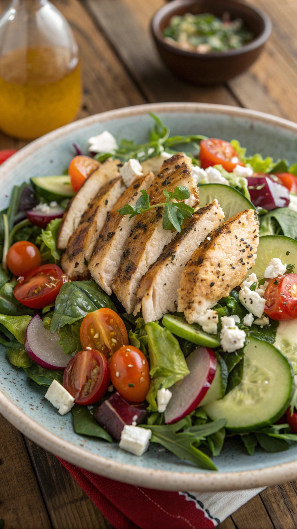 A colorful grilled chicken salad with mixed greens, cherry tomatoes, cucumbers, radishes, and feta cheese.