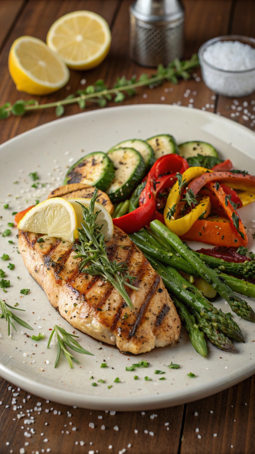 Grilled chicken with vegetables on a plate, garnished with lemon and herbs.