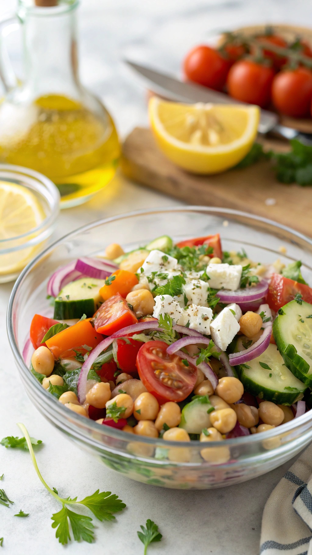 A colorful Mediterranean Chickpea Salad with fresh vegetables and feta cheese.