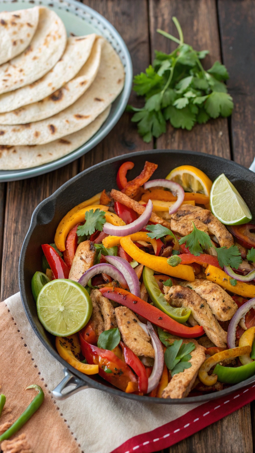 A skillet filled with colorful chicken fajitas, served with tortillas and lime wedges.