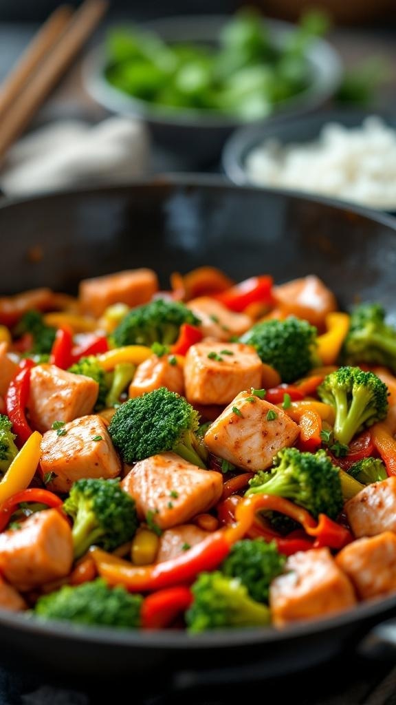 A colorful salmon stir-fry with broccoli, bell peppers, and snap peas in a skillet.
