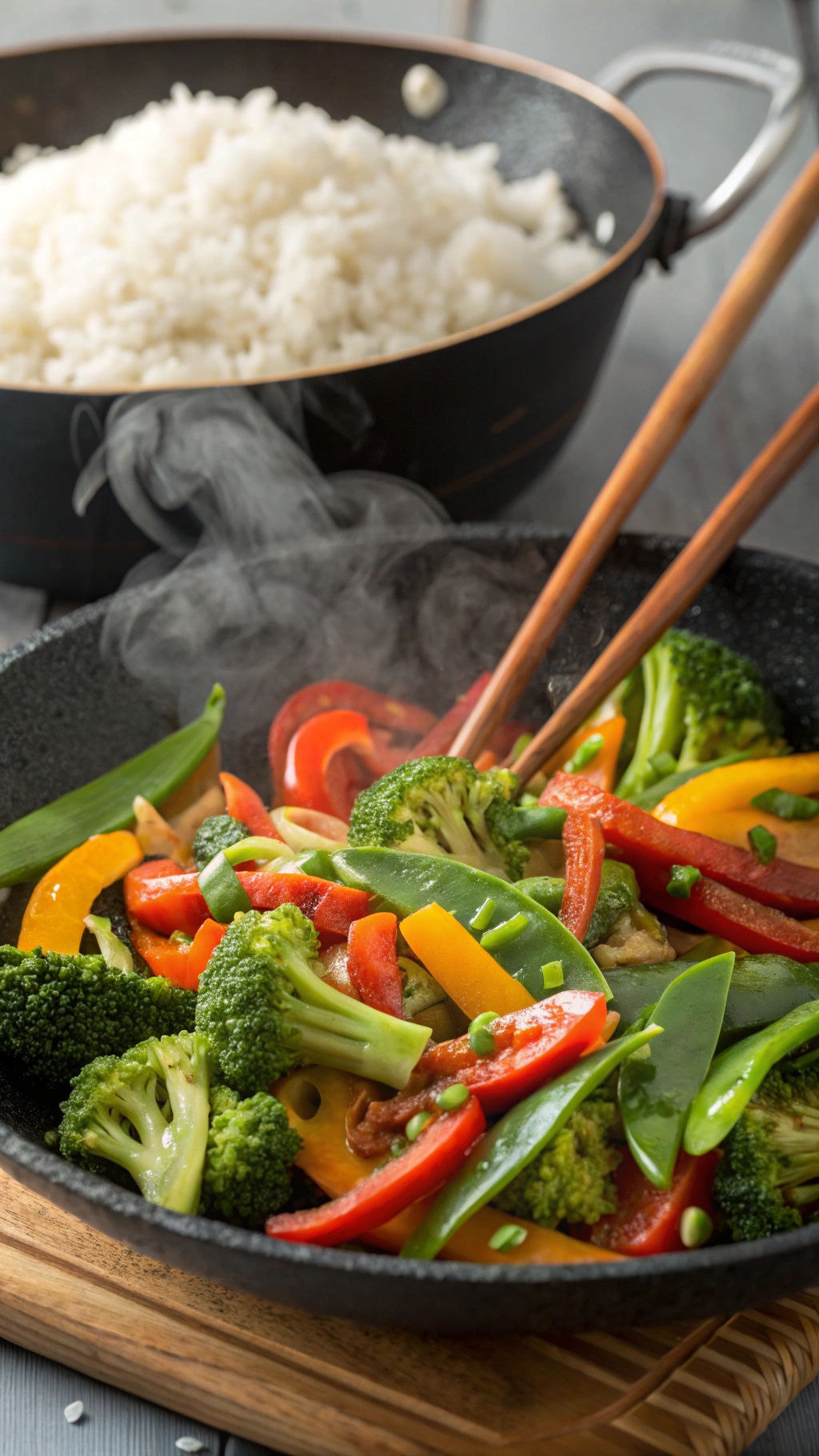 A colorful veggie stir-fry with broccoli, bell peppers, and snap peas, served with rice.