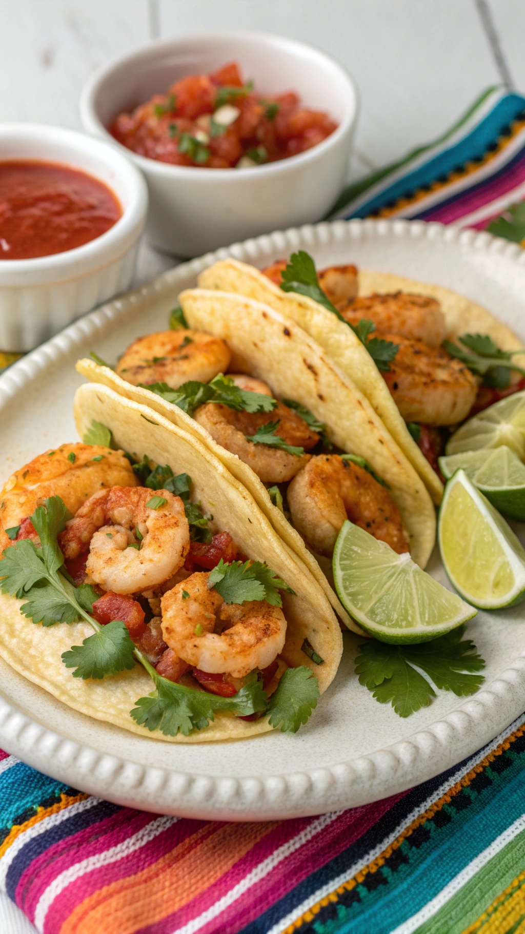 A plate of shrimp tacos with cilantro, lime, and salsa on the side.