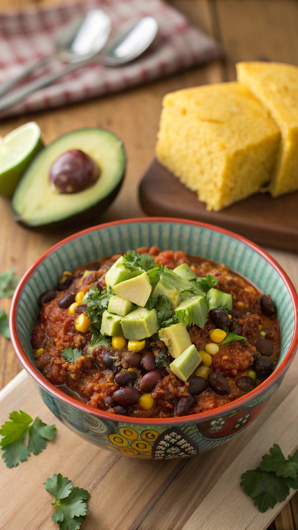 A bowl of quinoa and black bean chili topped with avocado and cilantro, served with cornbread on the side.