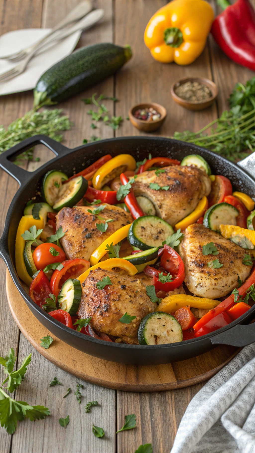 One-pan chicken and veggies with colorful bell peppers and zucchini
