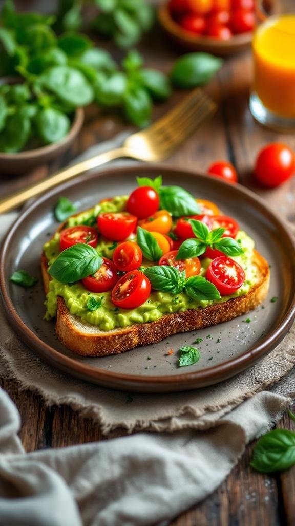 Avocado toast topped with cherry tomatoes and basil on a plate