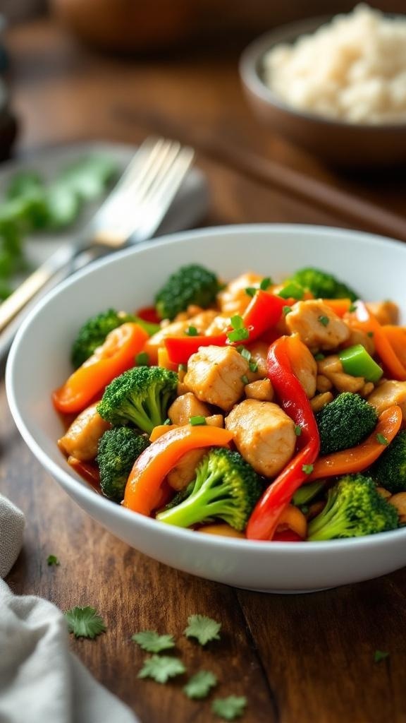 A colorful chicken stir-fry with broccoli, red bell peppers, and snap peas in a bowl.