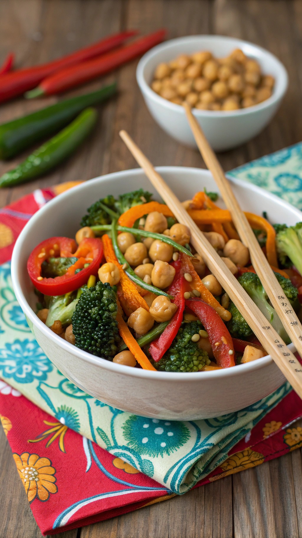 A colorful bowl of chickpea stir-fry with mixed vegetables and chopsticks