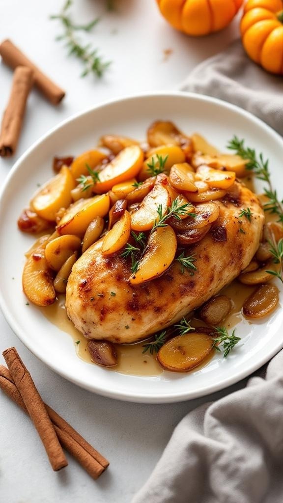 Apple cider glazed chicken with caramelized apples and cinnamon sticks on a plate.