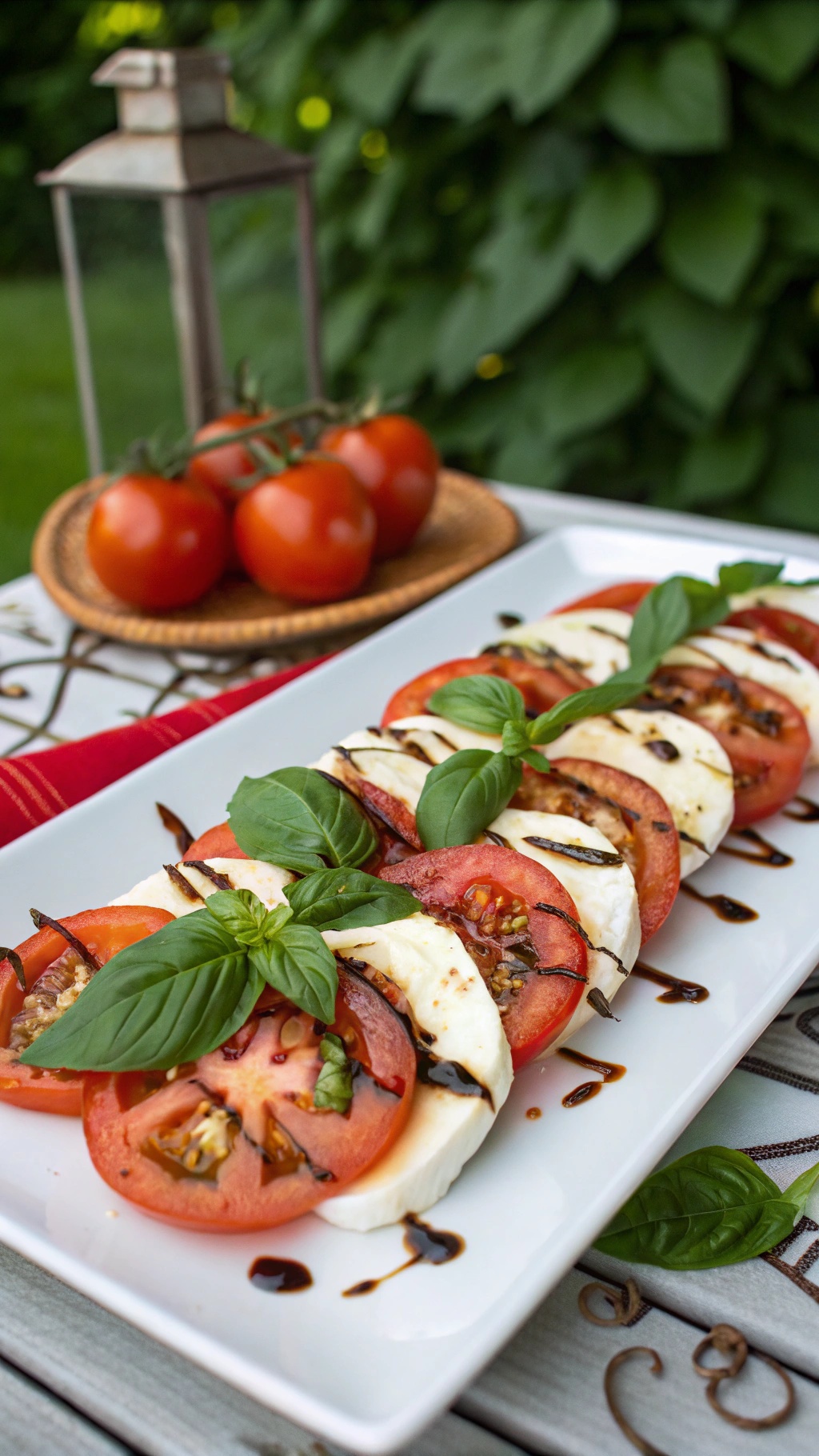 A beautifully arranged Caprese salad with tomatoes, mozzarella, and basil drizzled with balsamic glaze.