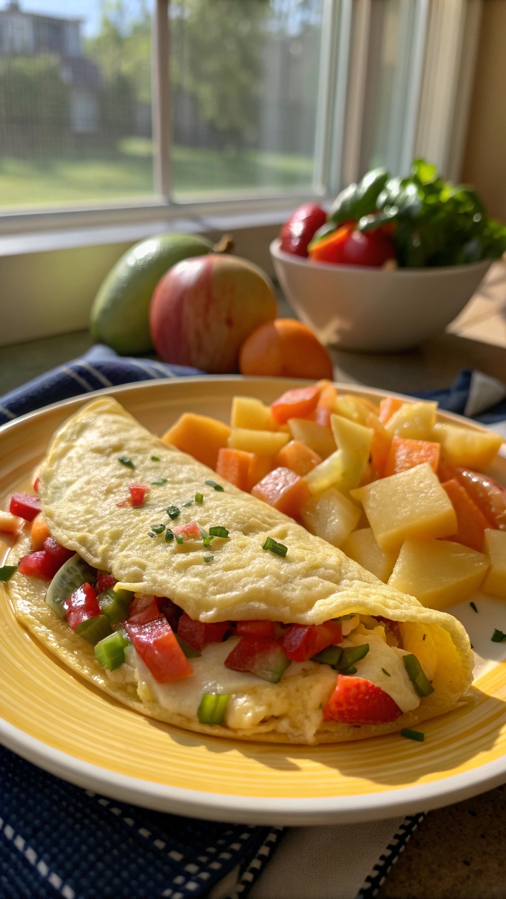 A delicious cheesy veggie omelette served with a side of fresh fruit.