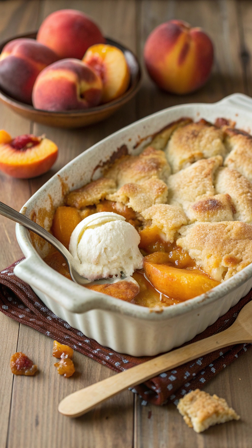 A delicious peach cobbler with a scoop of vanilla ice cream on top, served in a baking dish.