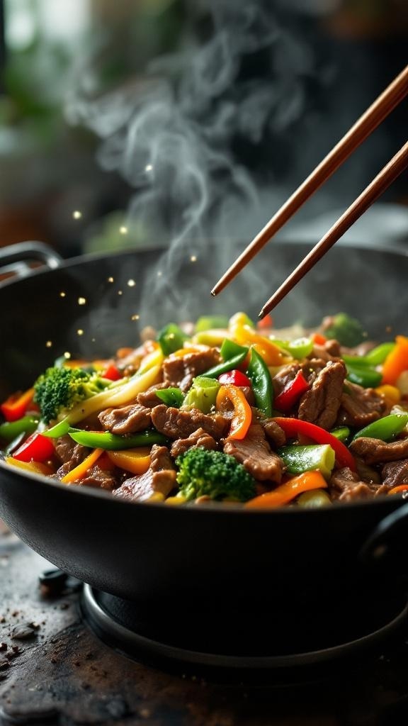 A colorful stir-fry with vegetables and meat in a wok, being stirred with chopsticks.