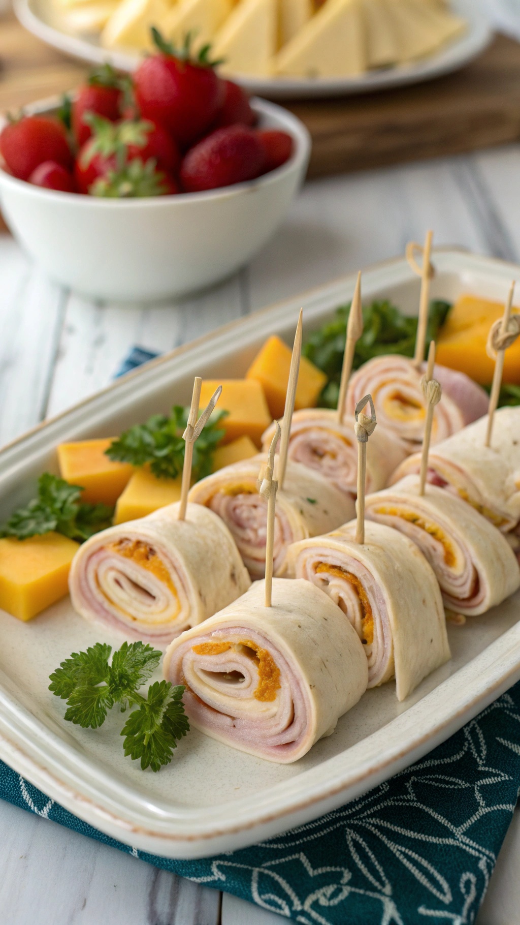 Turkey and cheese roll-ups on a plate with cheese cubes and strawberries