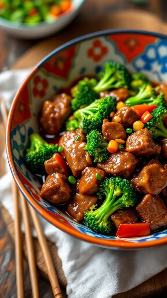 A colorful bowl of beef and broccoli stir-fry with vibrant vegetables