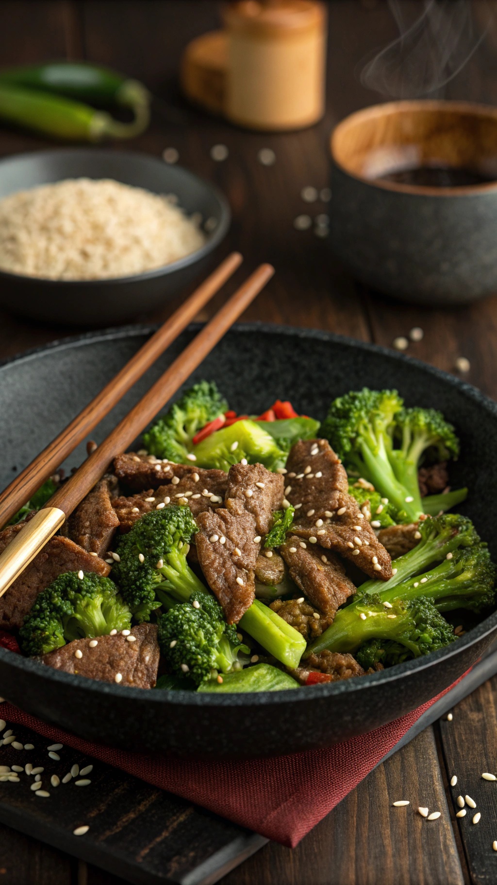 A delicious beef stir-fry with broccoli, showcasing tender beef strips and vibrant green broccoli in a black bowl with chopsticks.