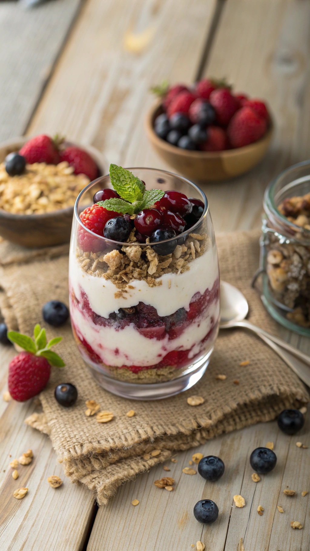 A delicious berry parfait with layers of yogurt, mixed berries, and granola, garnished with mint leaves.