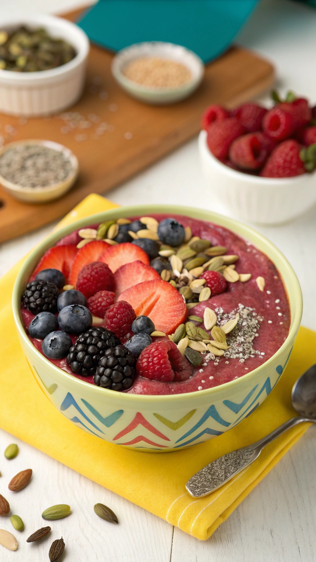 A colorful berry smoothie bowl topped with fresh berries and seeds.