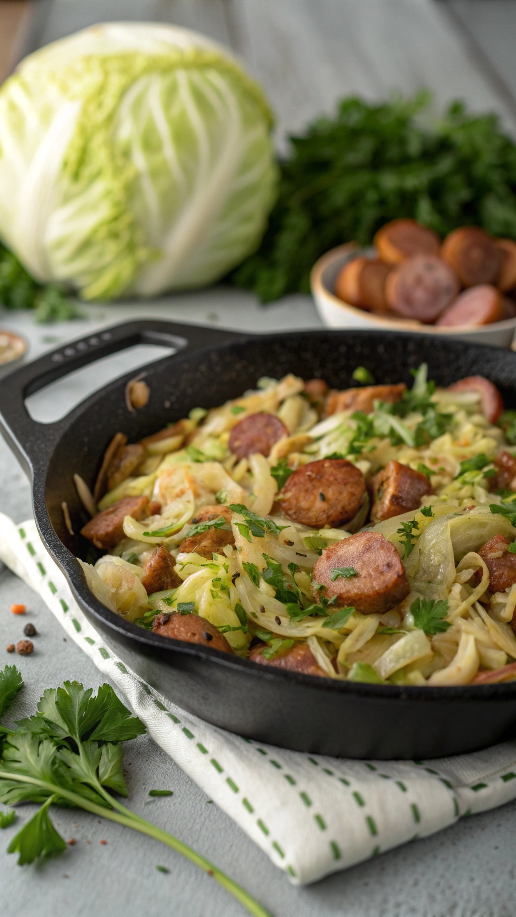 A skillet filled with cabbage and sausage, garnished with parsley, with a head of cabbage and fresh herbs in the background.