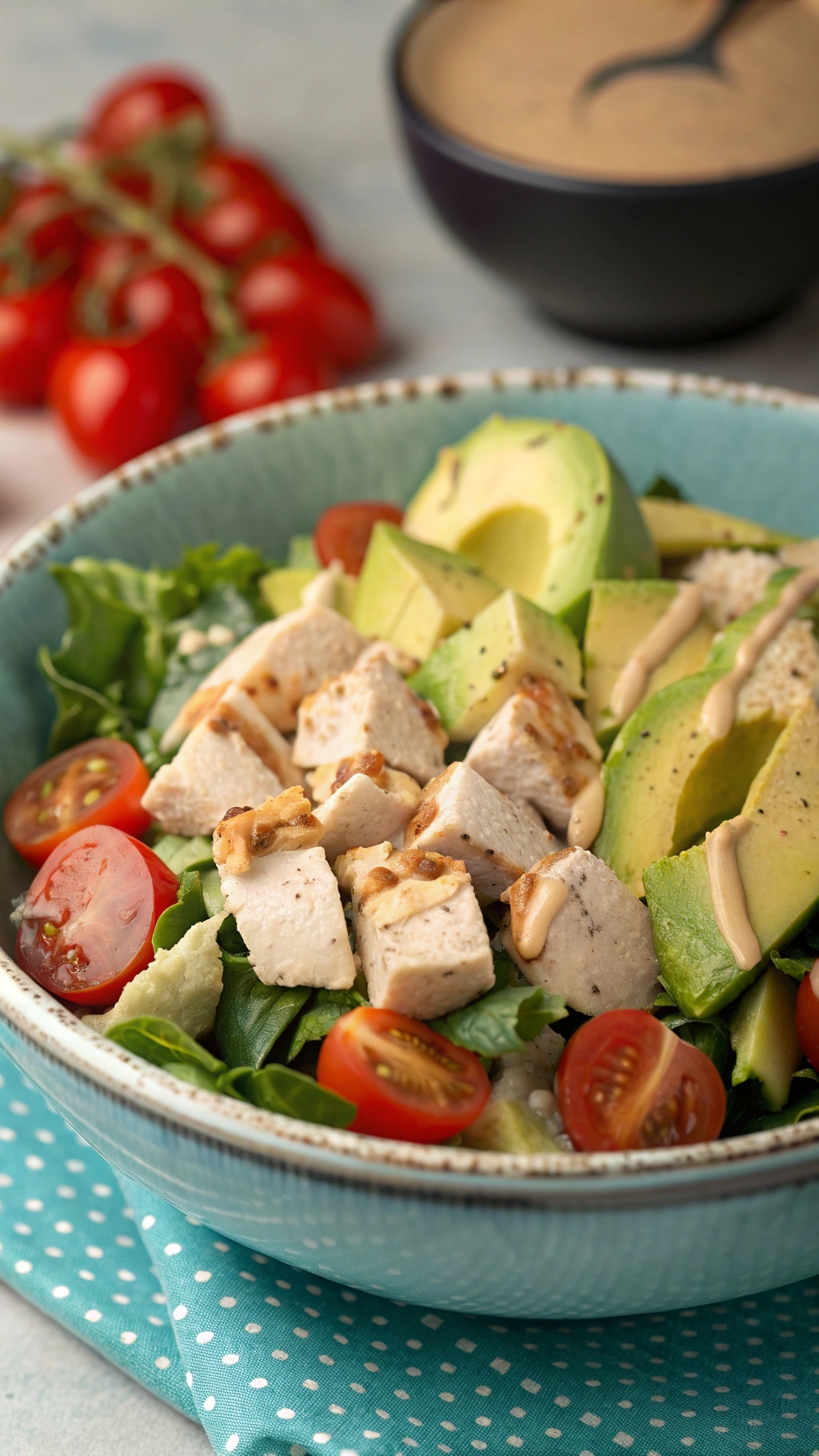 A colorful chicken and avocado salad with cherry tomatoes and a light dressing.