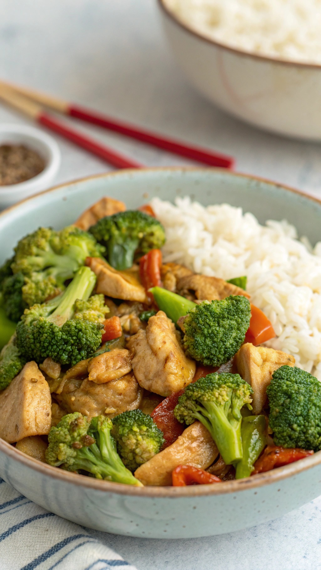 A bowl of chicken and broccoli stir-fry with rice, showcasing vibrant colors and fresh ingredients.