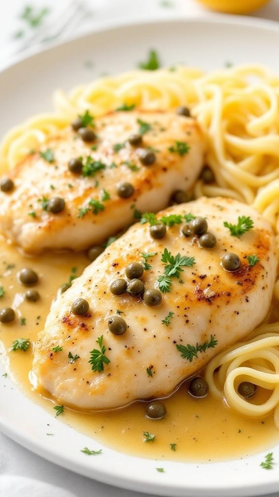 Plate of Chicken Piccata with capers and spaghetti