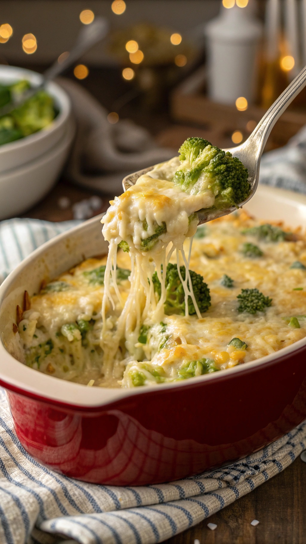 Cheesy Broccoli and Rice Casserole in a red baking dish with melted cheese and broccoli.