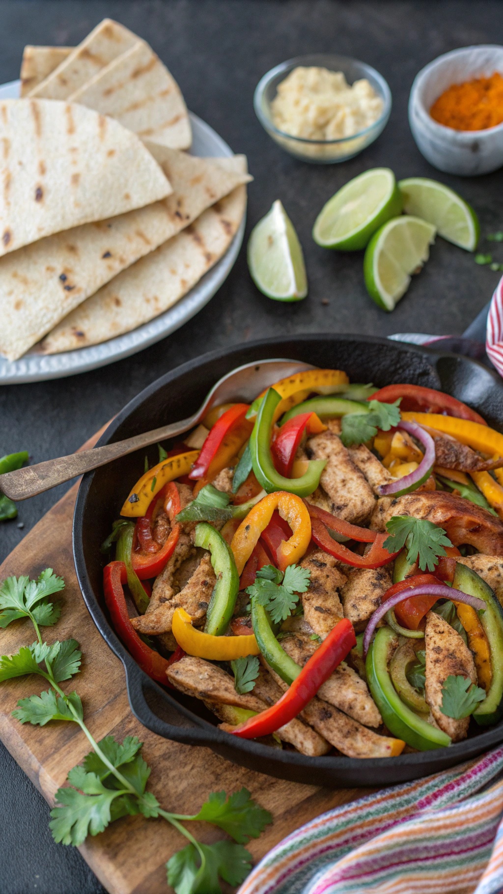 A skillet filled with colorful chicken fajitas, garnished with cilantro and served with tortillas and lime.