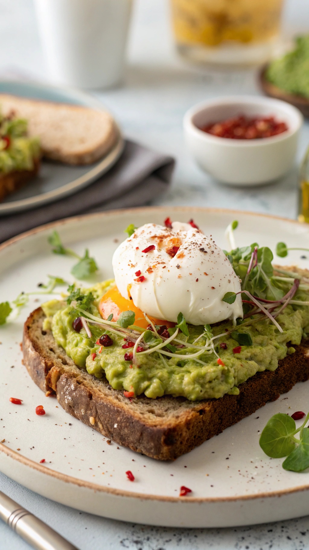 A plate of avocado toast topped with a poached egg, garnished with microgreens and chili flakes.