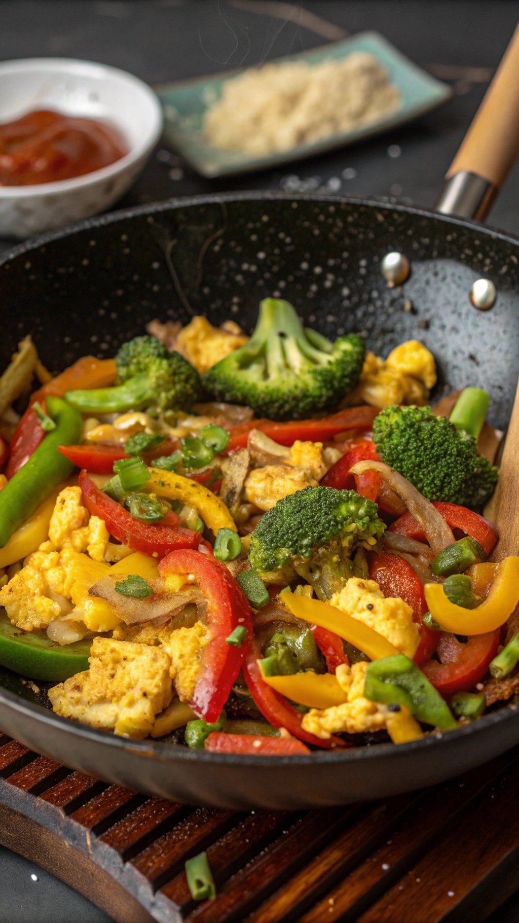 A colorful stir-fry with scrambled eggs, bell peppers, and broccoli in a skillet.