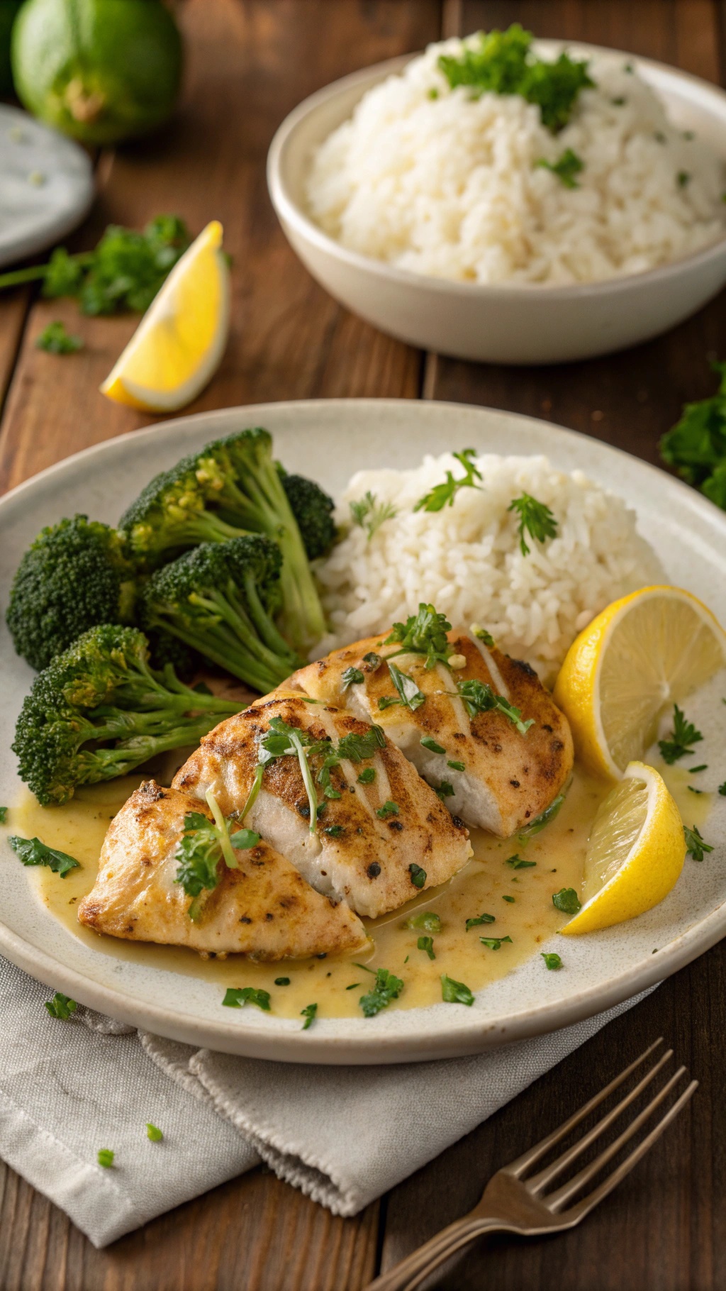 Plate of lemon garlic chicken breast with rice and broccoli