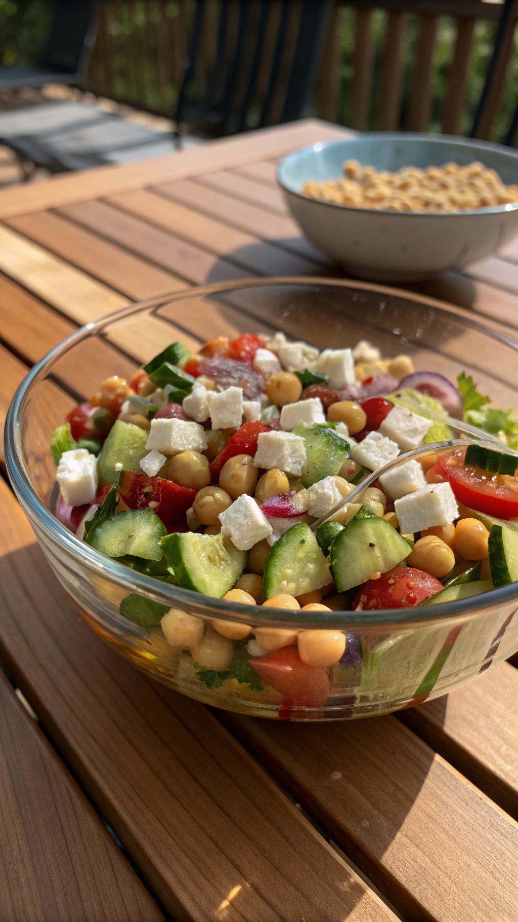 A bowl of Mediterranean Chickpea Salad with cucumbers, tomatoes, chickpeas, and feta cheese on a wooden table.