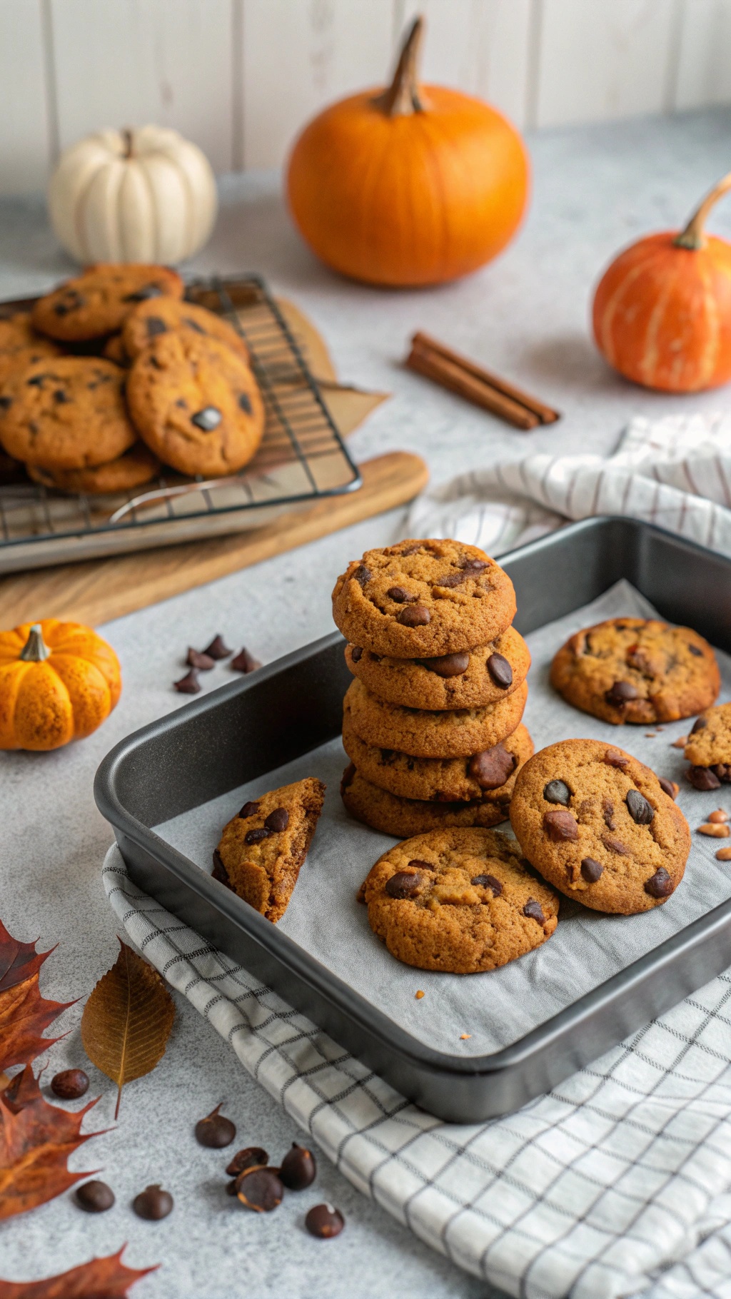 A tray of freshly baked pumpkin chocolate chip cookies with small pumpkins and cinnamon sticks in the background.