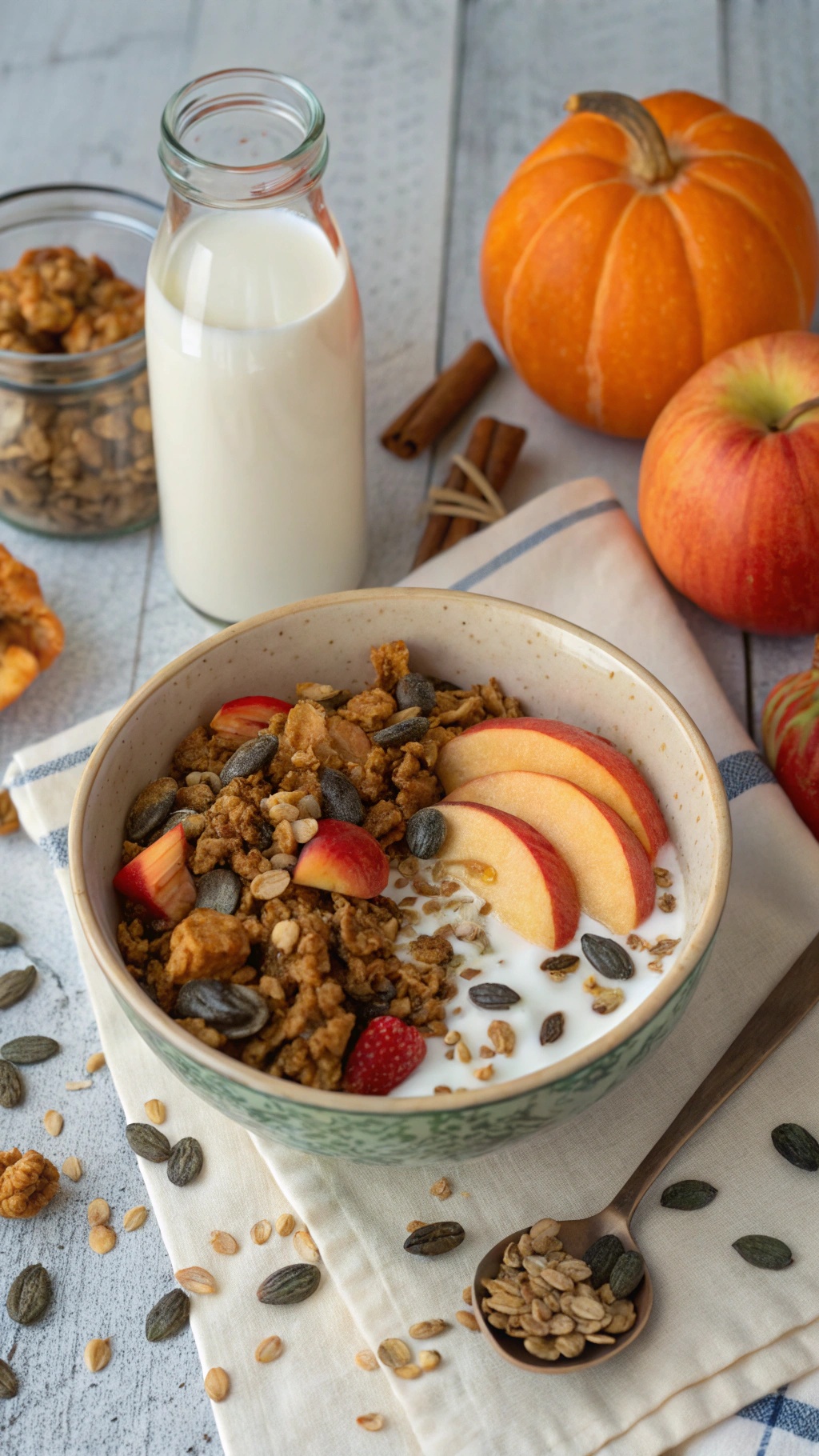 A bowl of pumpkin granola with apple slices, surrounded by a bottle of milk, a small jar of granola, and pumpkins.
