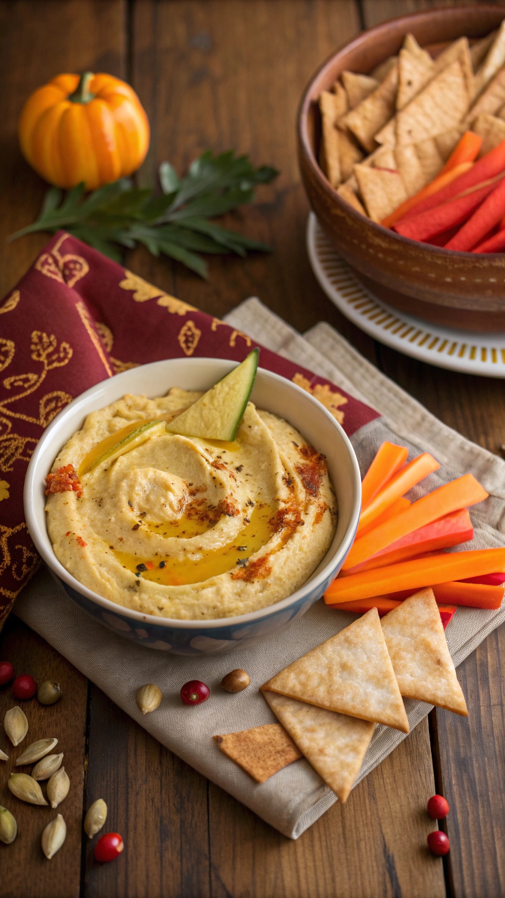A bowl of pumpkin hummus with pita chips and carrot sticks, decorated with a small pumpkin.