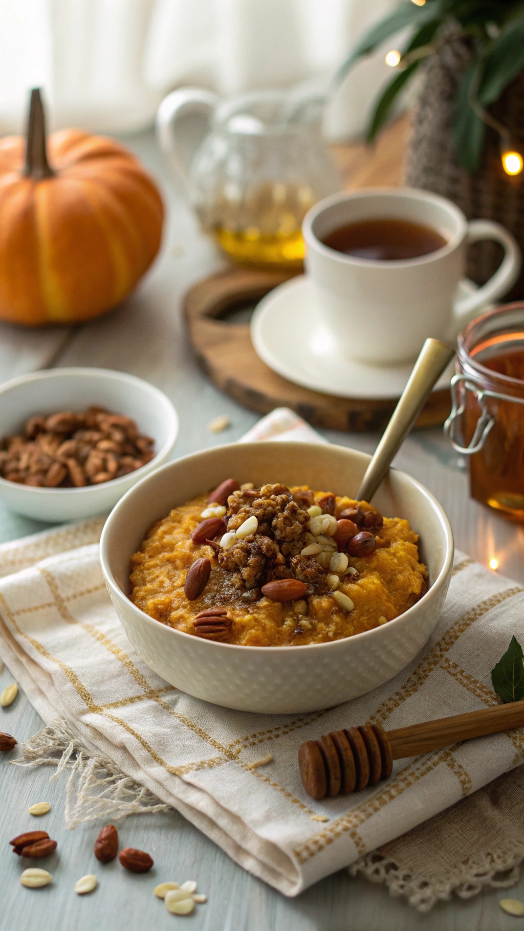 A cozy bowl of pumpkin oatmeal topped with nuts, honey, and cinnamon, with a pumpkin and tea in the background.