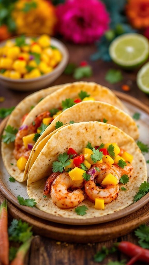 Three shrimp tacos topped with mango salsa, garnished with cilantro, served on a plate with lime wedges.
