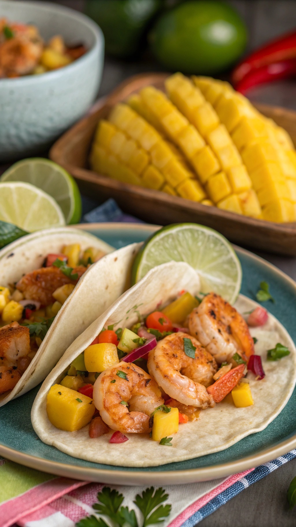 Shrimp tacos with mango salsa on a plate, garnished with lime and fresh ingredients.