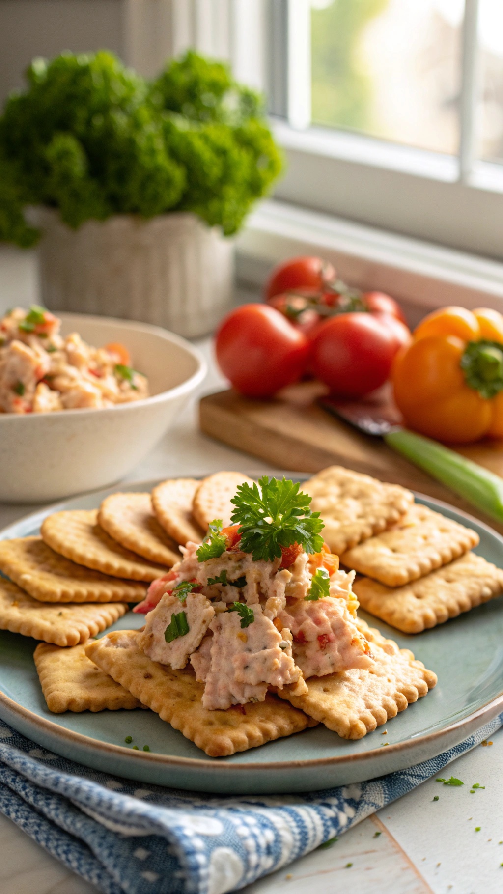 A plate of crackers topped with spicy tuna salad, garnished with parsley, surrounded by fresh tomatoes and a bowl of additional tuna salad.