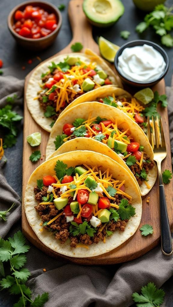 A delicious spread of tacos with various toppings including cheese, tomatoes, and avocado on a wooden board.